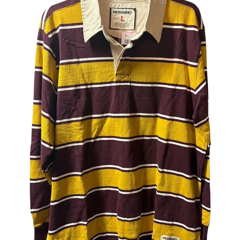 Y2K Mossimo yellow and maroon striped rugby shirt with white stripes, size L